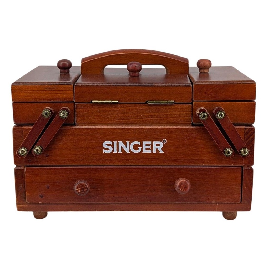 Singer Wooden Mini Sewing Notions Box Brown Accordion Tiered Storage Organizer